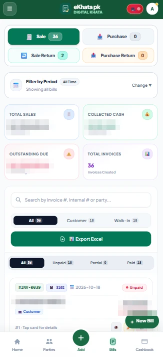 eKhata bills screen with sale, purchase and return tabs, total sales, collected cash and outstanding due