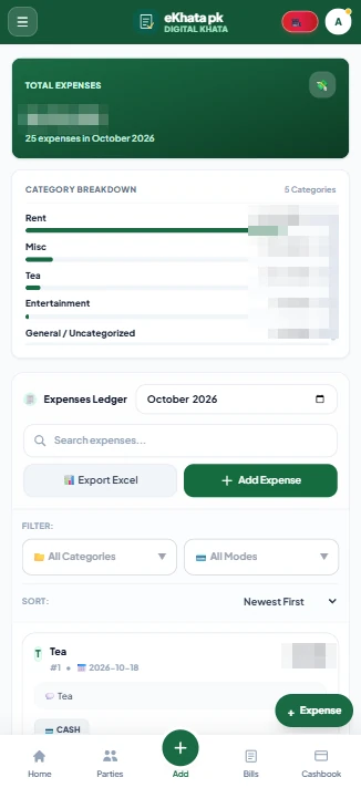 eKhata expense book with total expenses, category breakdown and expenses ledger