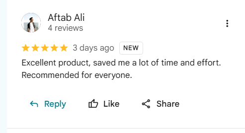 Google review of eKhata by Aftab Ali: Excellent product, saved me a lot of time and effort. Recommended for everyone.