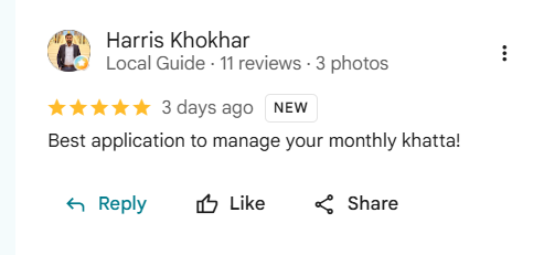 Google review of eKhata by Harris Khokhar: Best application to manage your monthly khatta!