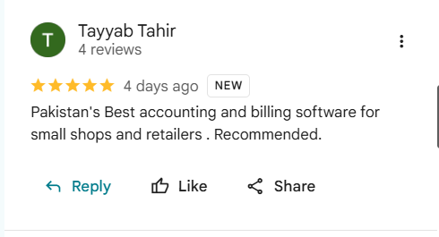 Google review of eKhata by Tayyab Tahir: Pakistan's Best accounting and billing software for small shops and retailers. Recommended.
