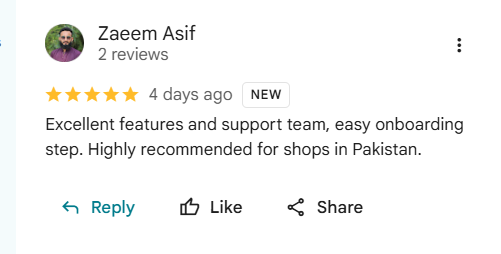 Google review of eKhata by Zaeem Asif: Excellent features and support team, easy onboarding step. Highly recommended for shops in Pakistan.